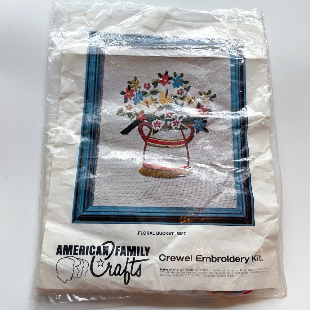 New Vintage Crewel Embroidery Kit 'Floral Bucket' American Family Crafts